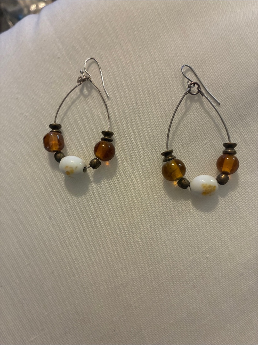 Handmade Amber and White Bead Hoop Earrings